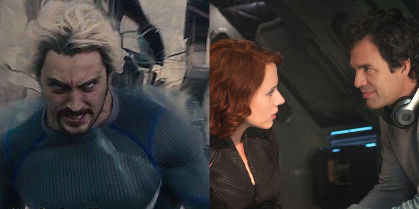 Split image of Quicksilver and Bruce/Nat from Avengers Age of Ultron