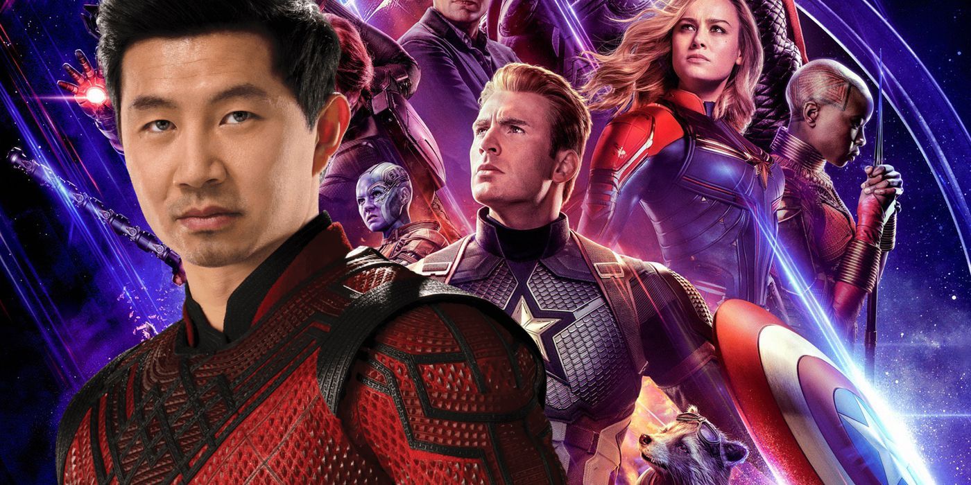 Simu Liu as Shang-Chi over poster of Avengers: Endgame