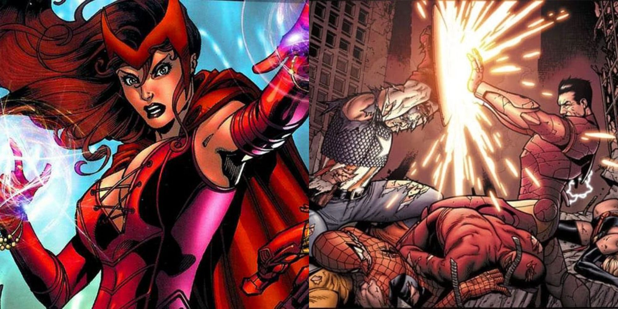 Split image of Scarlet Witch attacking the Avengers and Captain America fighting Iron Man in Civil War comic.