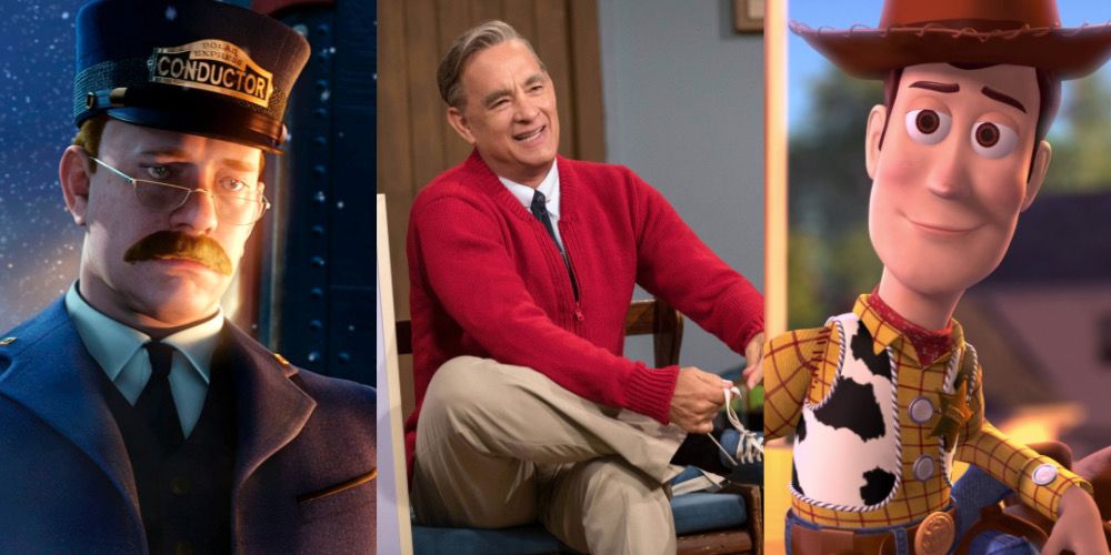 Tom Hanks as the Conductor in The Polar Express alongside a picture of Tom Hanks at Mr. Rodgers, next to an image of Woody from Toy Story