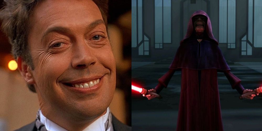 Tim Curry smiling slyly next to an image of The Sith from Star Wars: Clone Wars