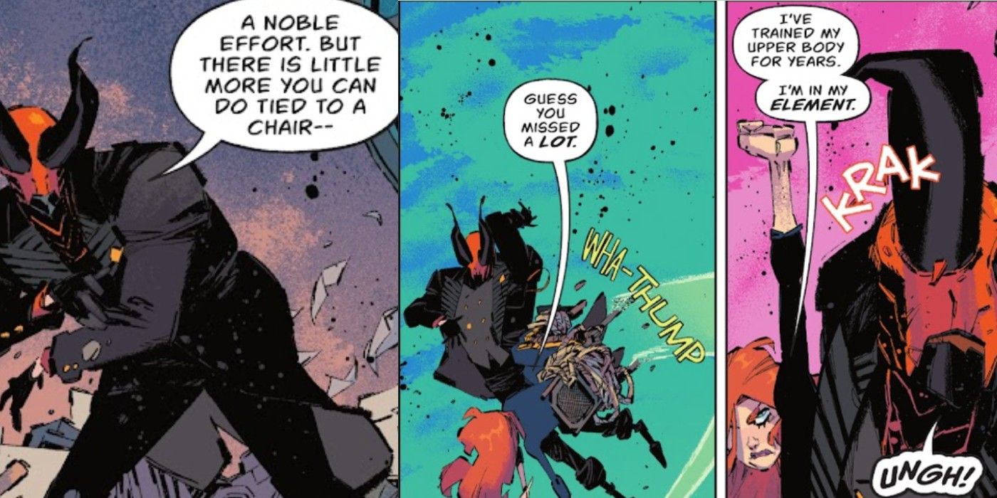 Barbara Gordon fighting while tied to a chair in Batgirls 6