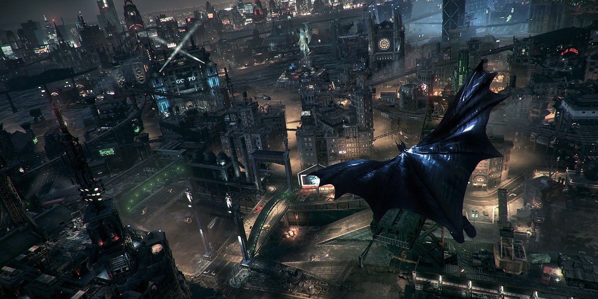 Batman jumps from a rooftop in Batman: Arkham Knight