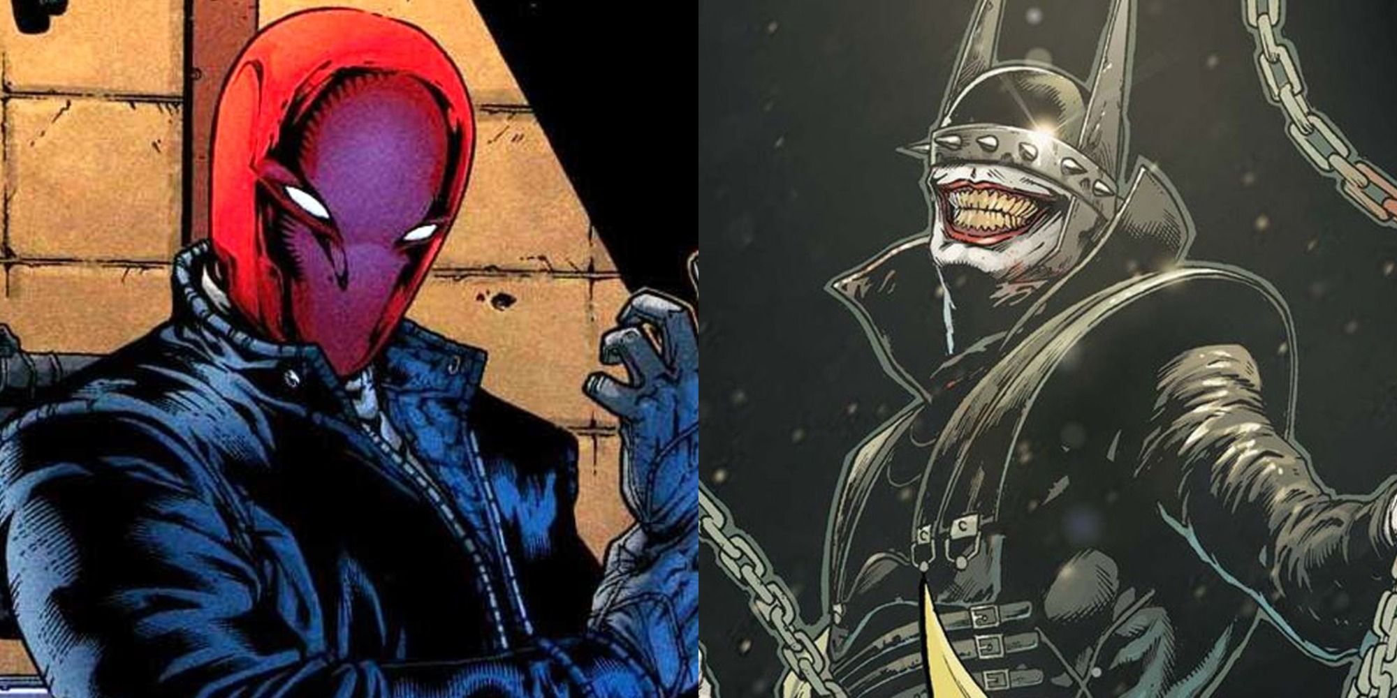 Split image of Red Hood and Batman Who Laughs
