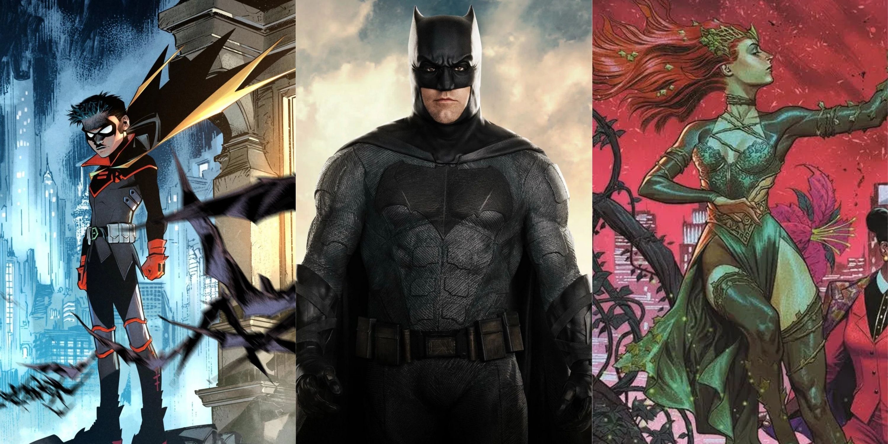 A split image of Dick Grayson, Batman, and Poison Ivy