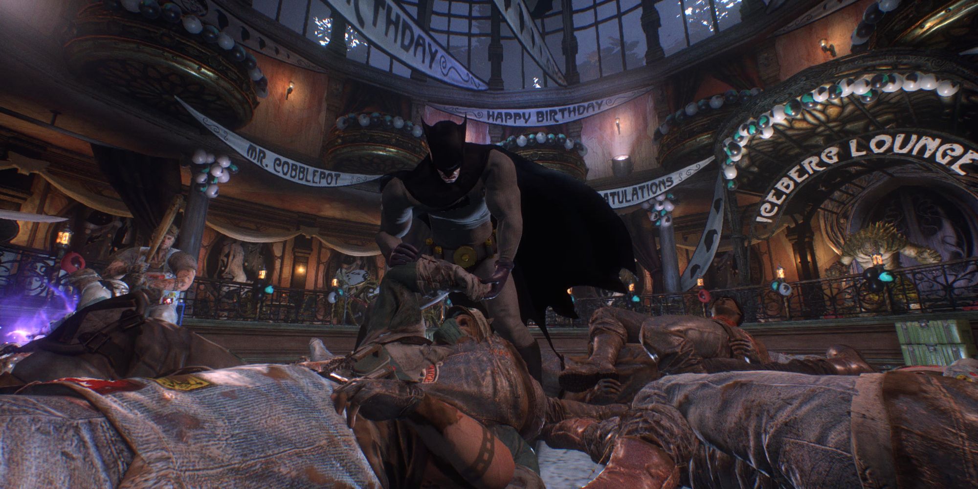 Batman fighting Penguin's gang in the Iceberg Lounge in Batman Arkham Knight