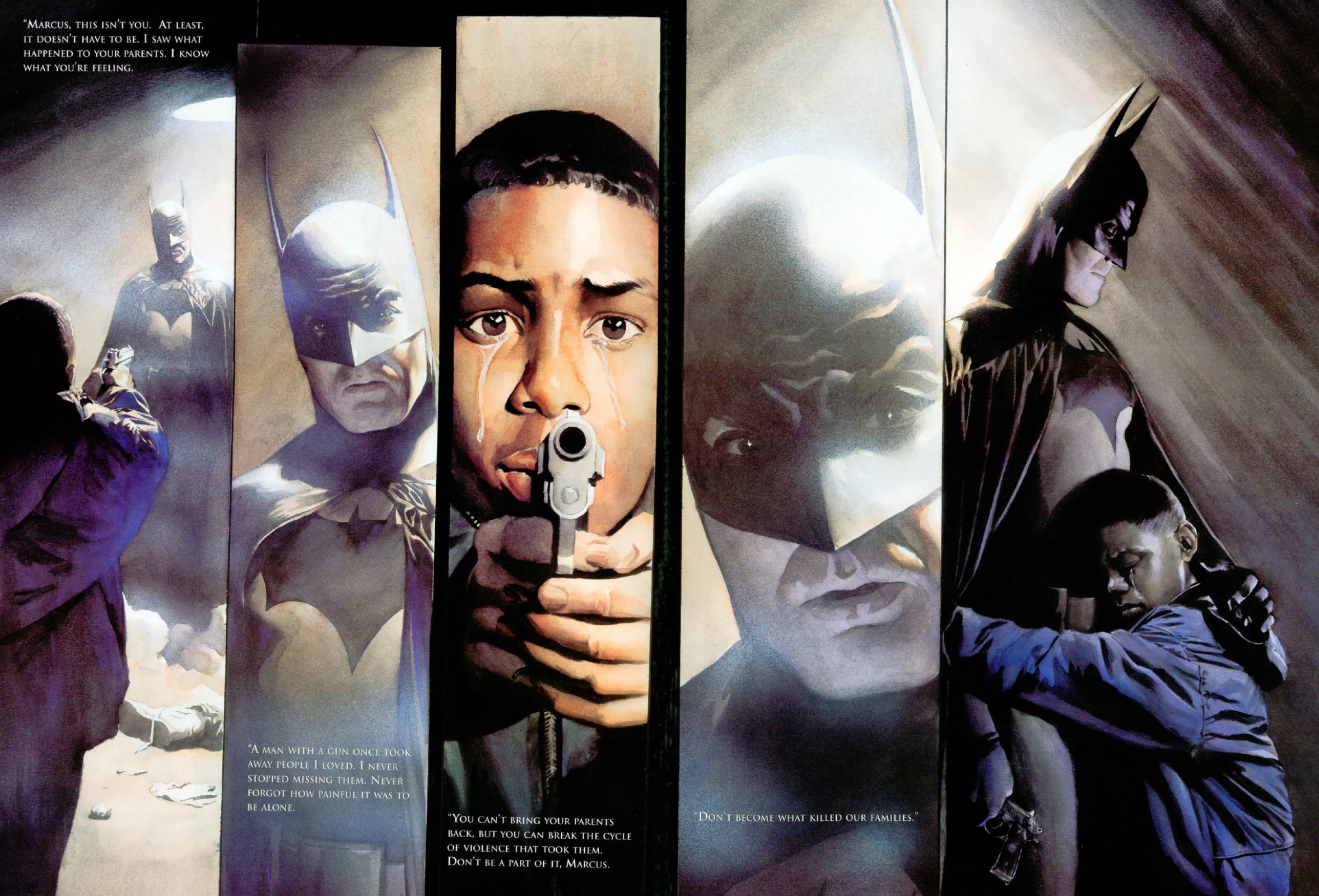 Batman talks a child out of shooting him.