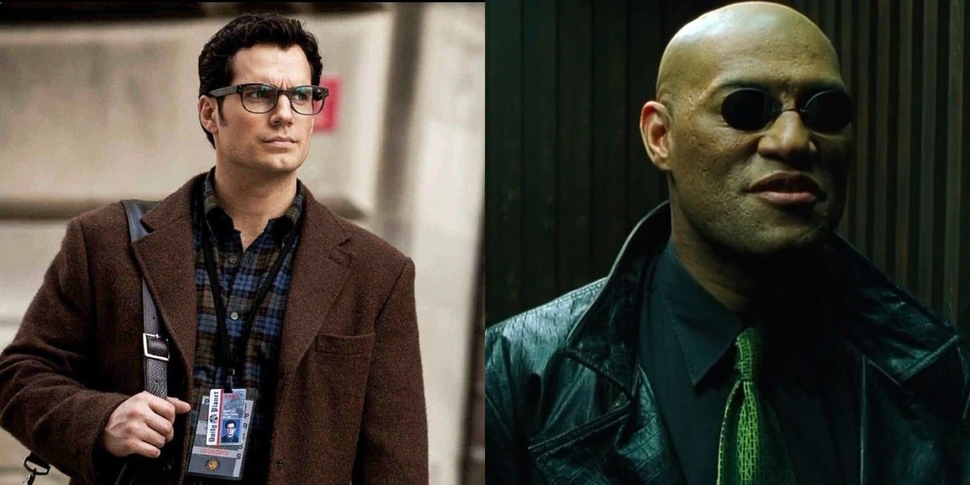 Split image showing Clark Kent in Batman v. Superman and Morpheus in The Matrix.