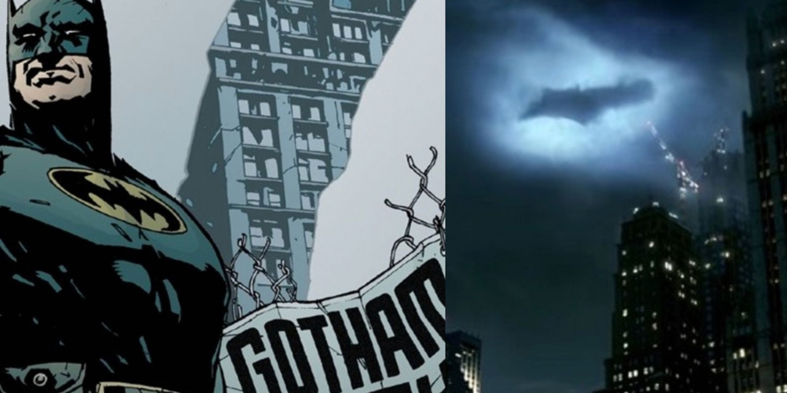 A split image features Batman in a destroyed Gotham in No Man's Land comic and the bat signal in Batman movie
