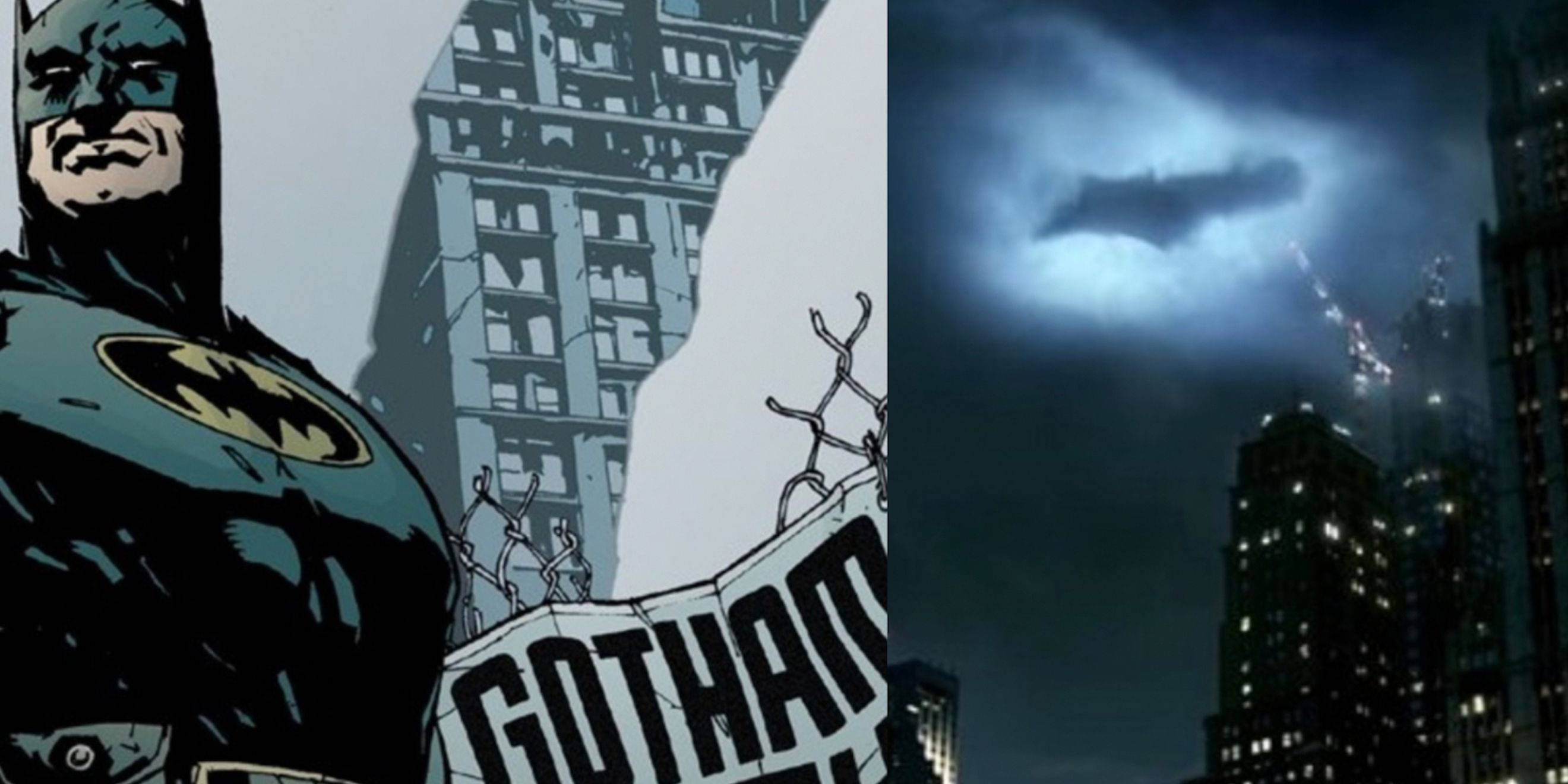 A split image features Batman in a destroyed Gotham in No Man's Land comic and the bat signal in Batman movie