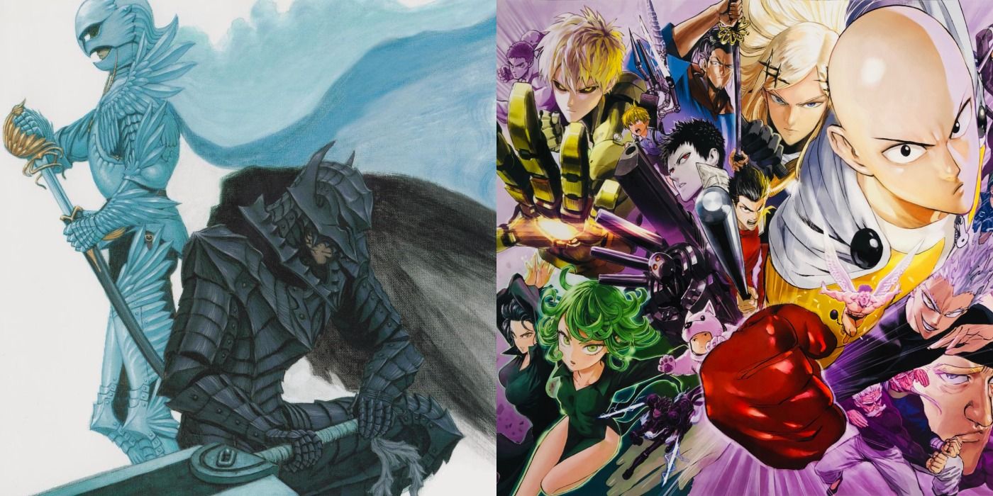 Split image of Griffith and Guts in Berserk and a collage of One-Punch Man's cast.