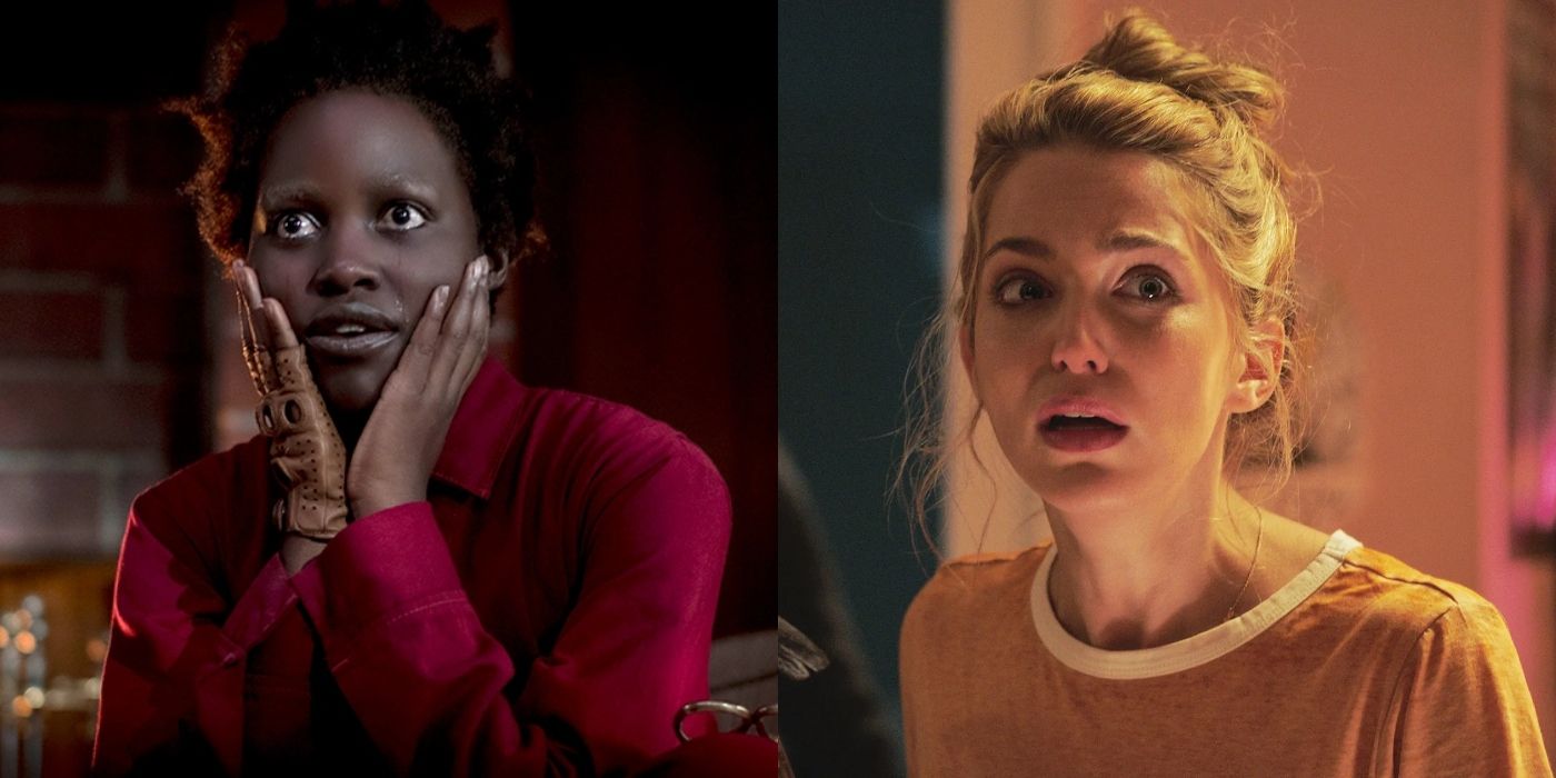 Split image of Lupita Nyong'o in Us and Jessica Rothe in Happy Death Day