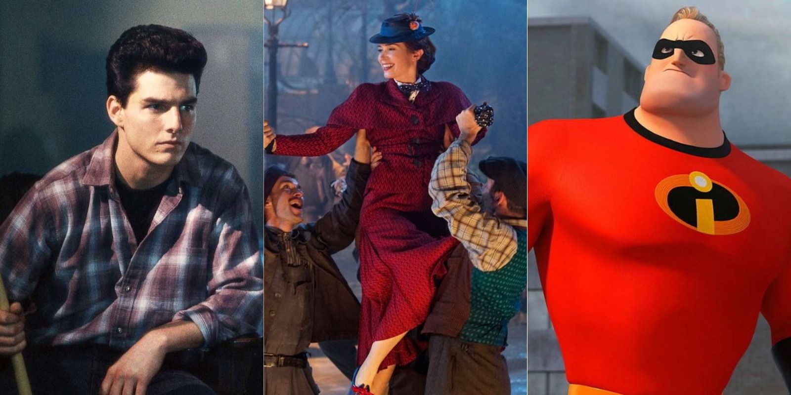 Split image of scenes from The Color of Money, Mary Poppins Returns, and The Incredibles 2