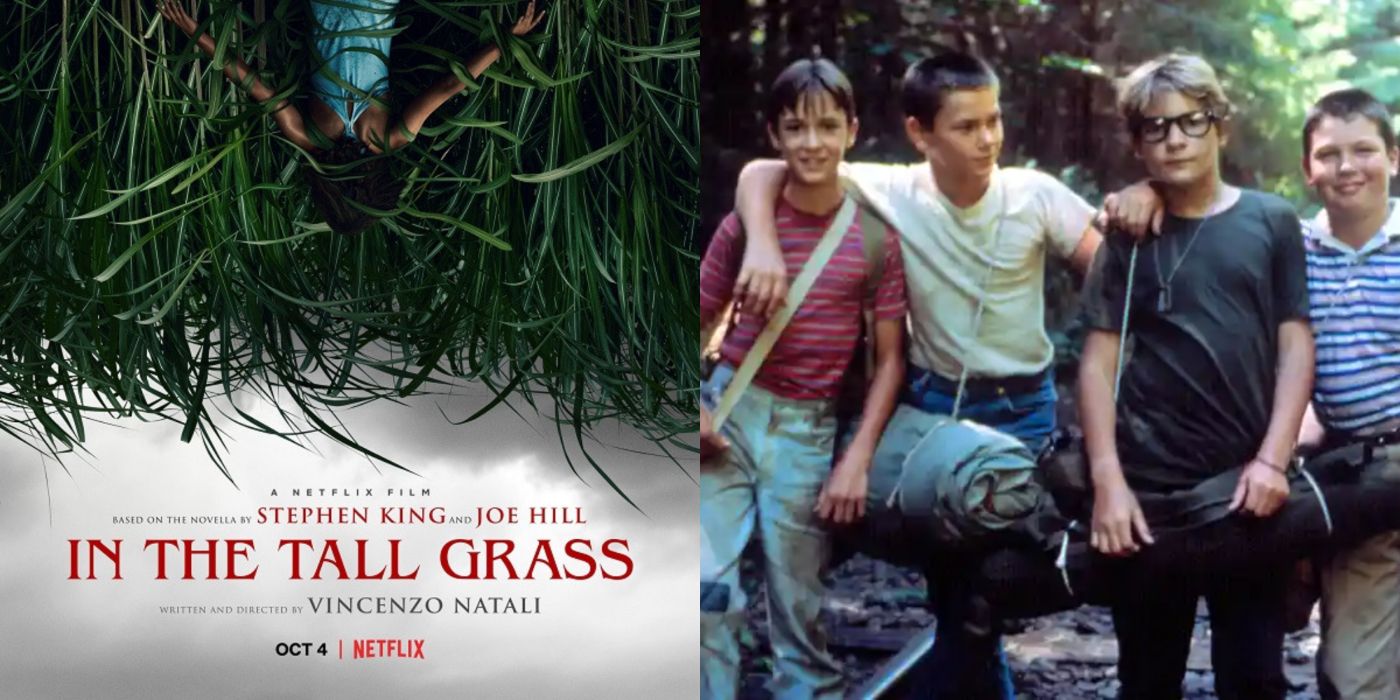A two-image collage. On the left is the poster of the film In the Tall Grass. On the right, the cast of Stand by Me poses with their arms around each other.