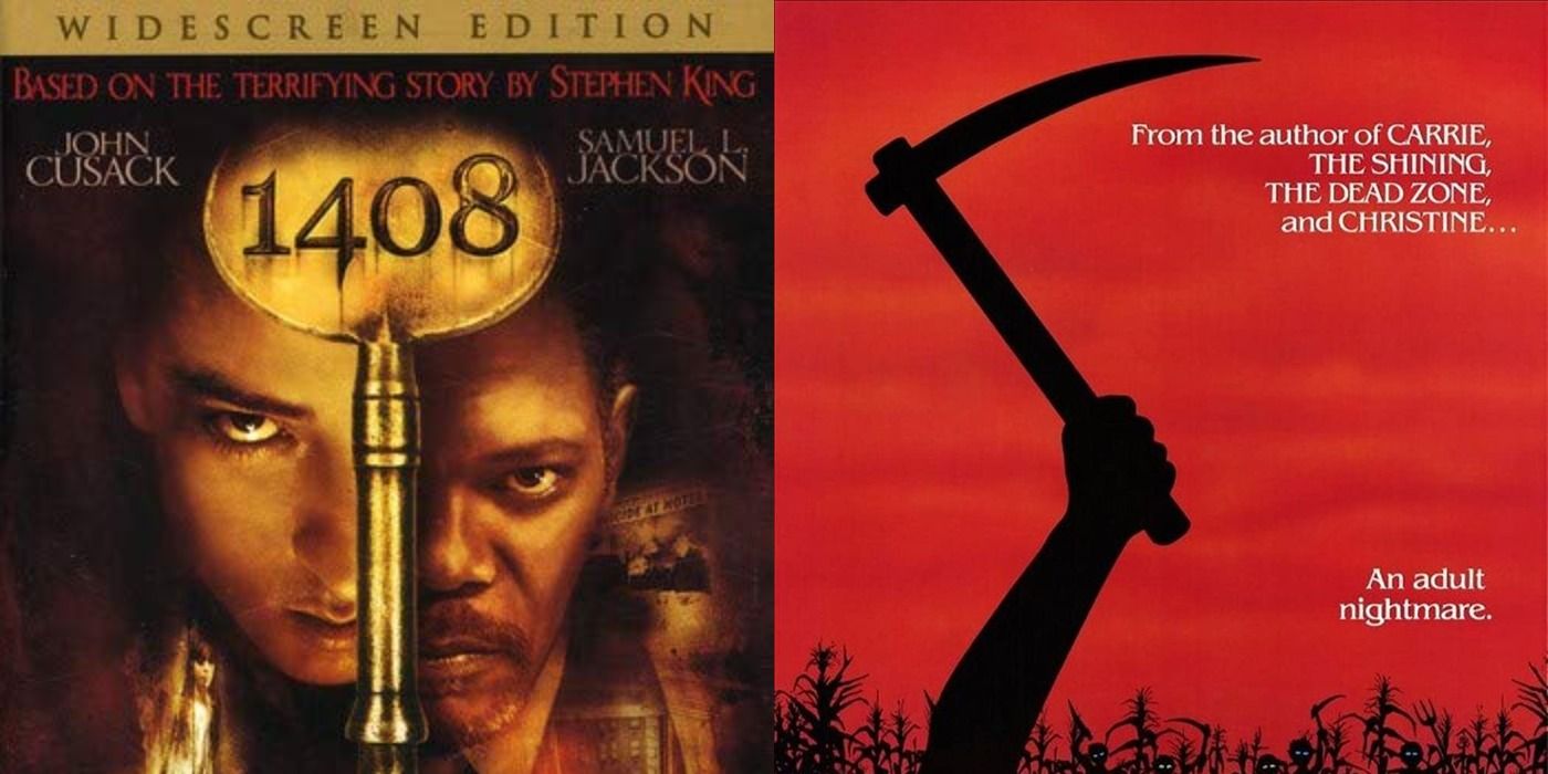 A two-image collage. On the left is the poster of the 2007 film 1408, featuring the faces of John Cusack and Samuel L Jackson's faces split by a hotel key. On the right is the poster of the 1984 film Children of the Corn, featuring the black silhouette of a child's hand holding a sickle against a red sky.