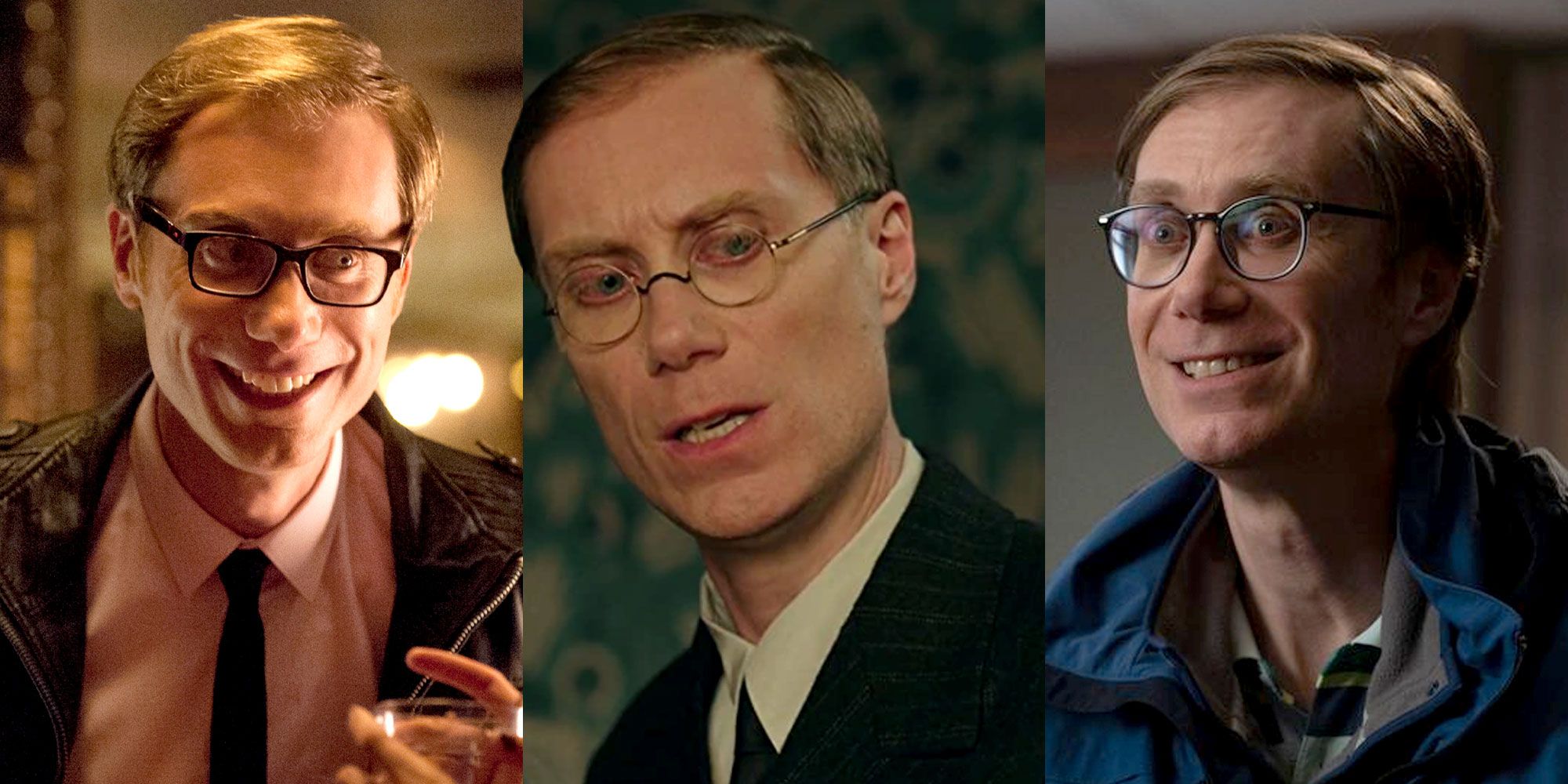 Three side by side images from Stephen Merchant roles.