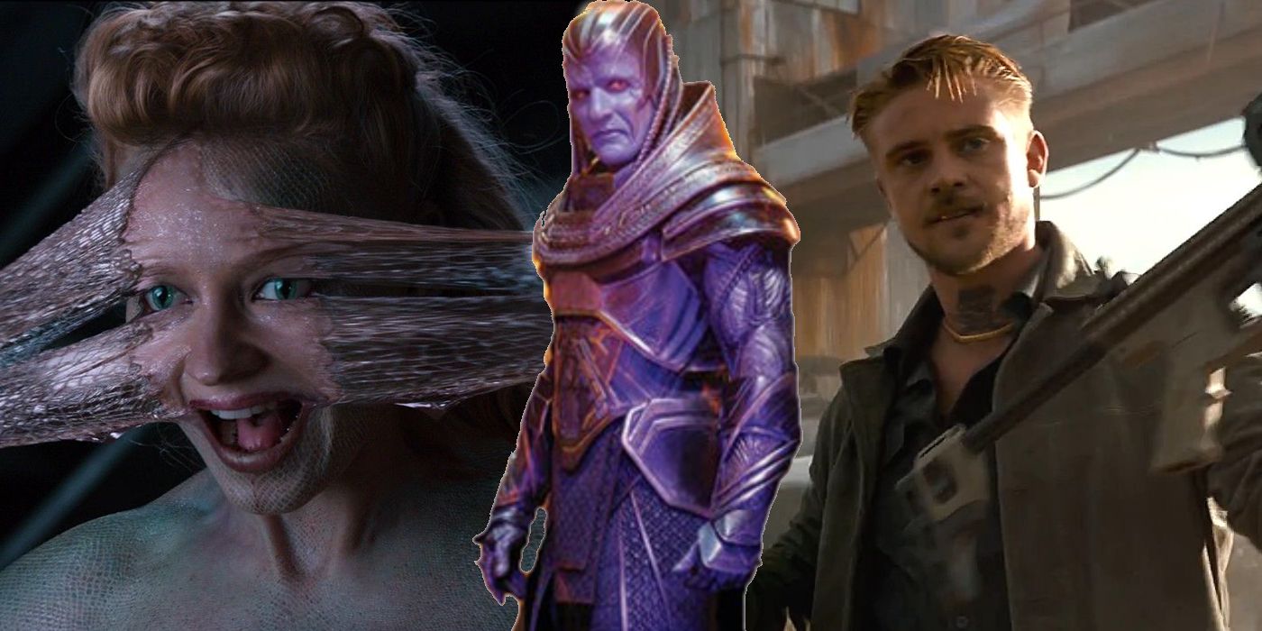 Viper ripping off her skin; Apocalypse posing; pierce holding a rifle