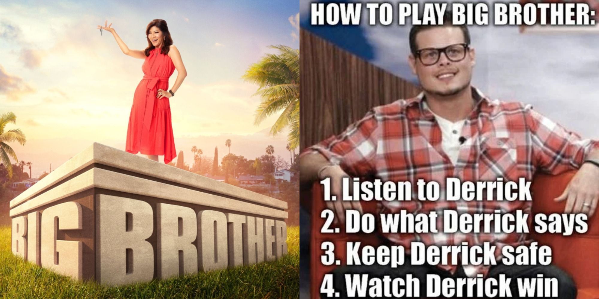 Split image of the Big Brother logo and a meme