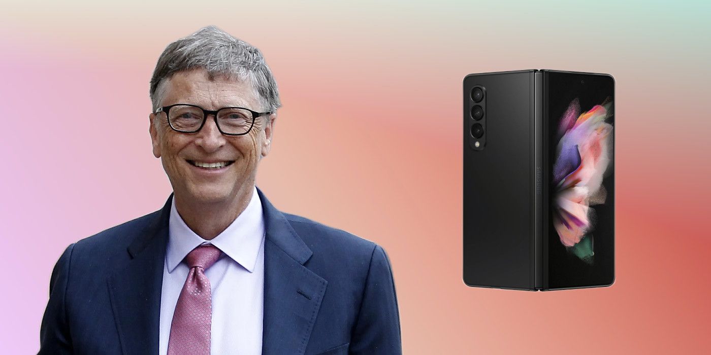 Bill Gates and Galaxy Z Fold 3 on gradient background