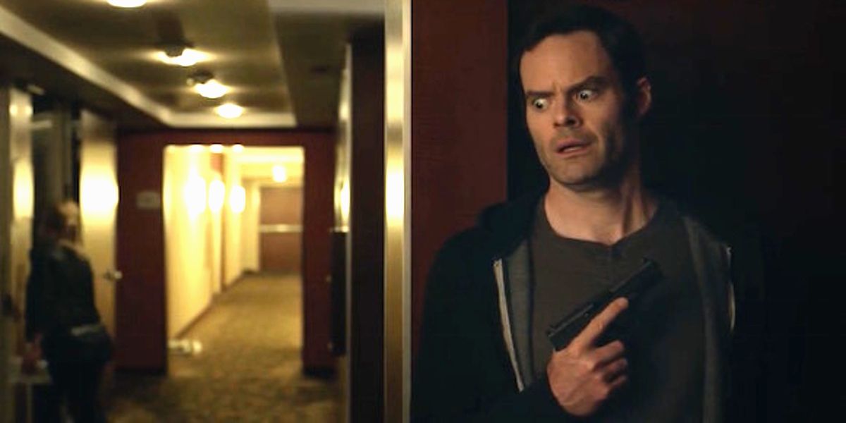 Barry Berkman (Bill Hader) nervously hiding behind a corner in Barry