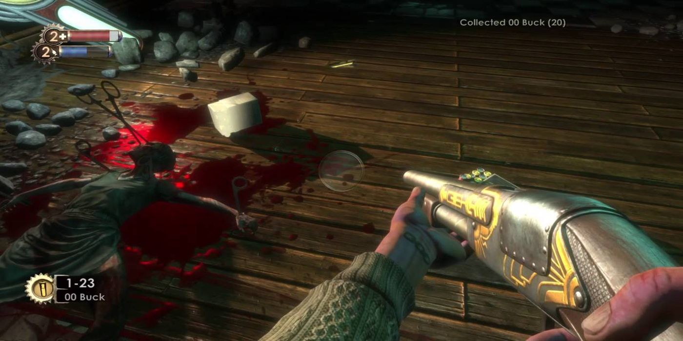 The player holding a shotgun in the video game BioShock.