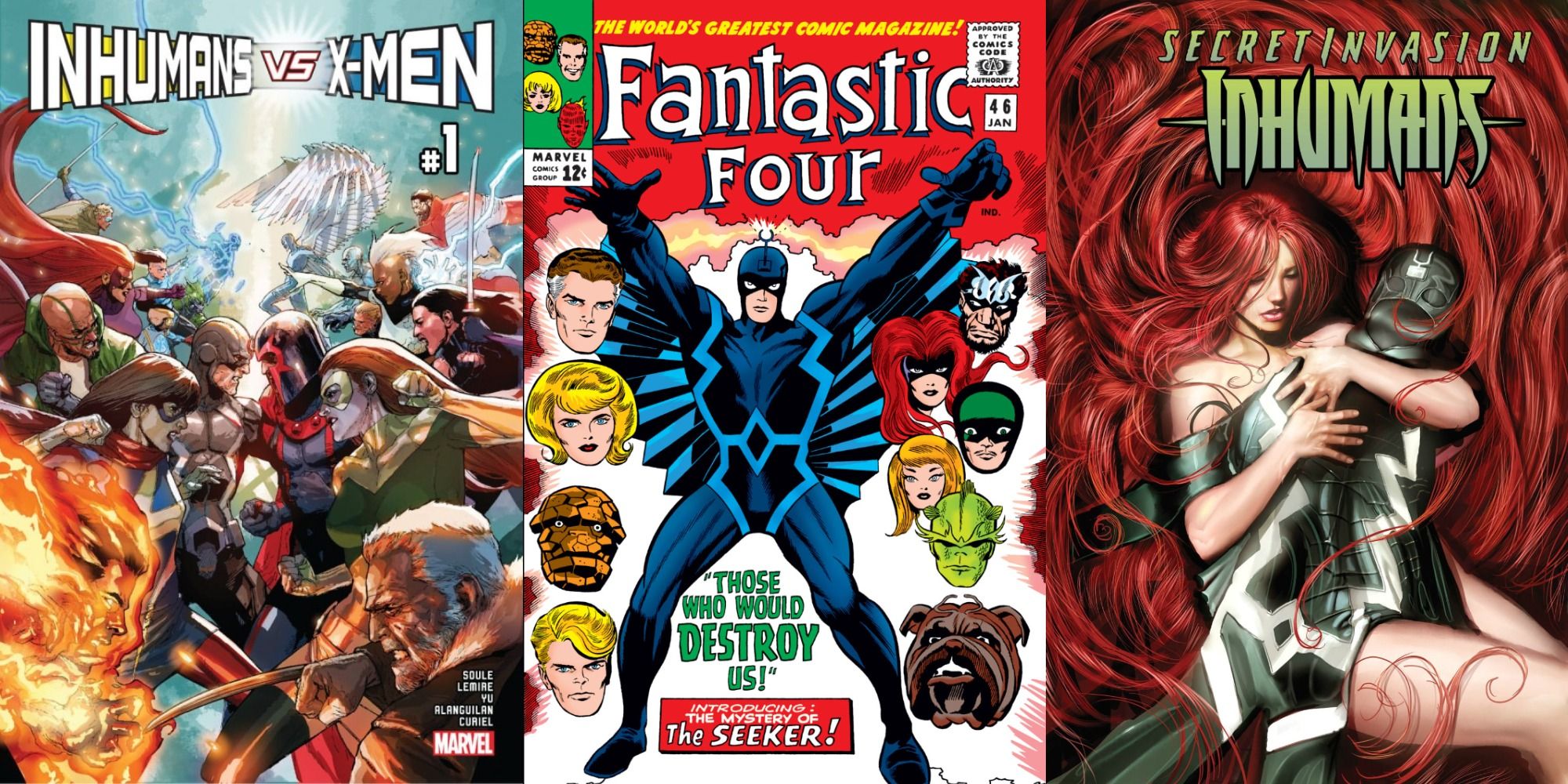 Split image of X-men Vs Inhumans 1, Fantastic Four 46, and Secret Invasion: Inhumans 1.