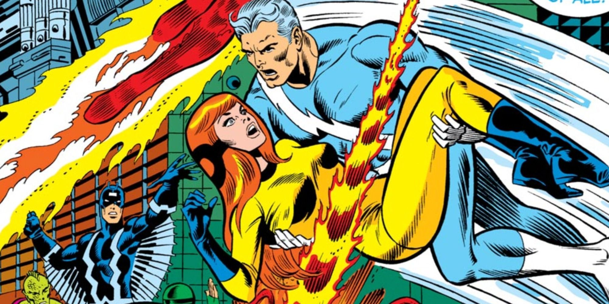 Black Bolt looks on as Quicksilver captures Crystal in Marvel Comics.