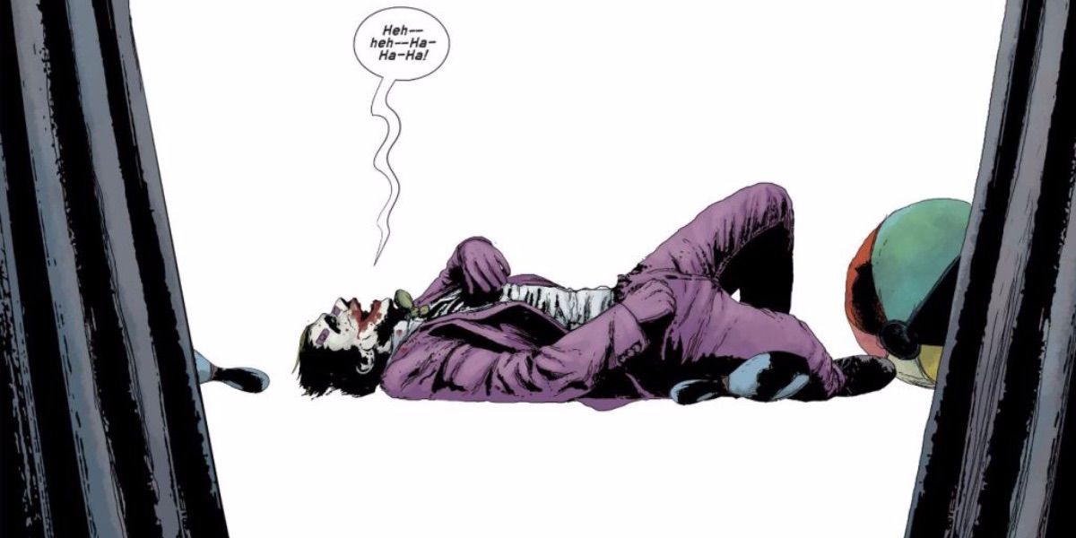 Joker laughs while lying in a white void from Killer Smile 