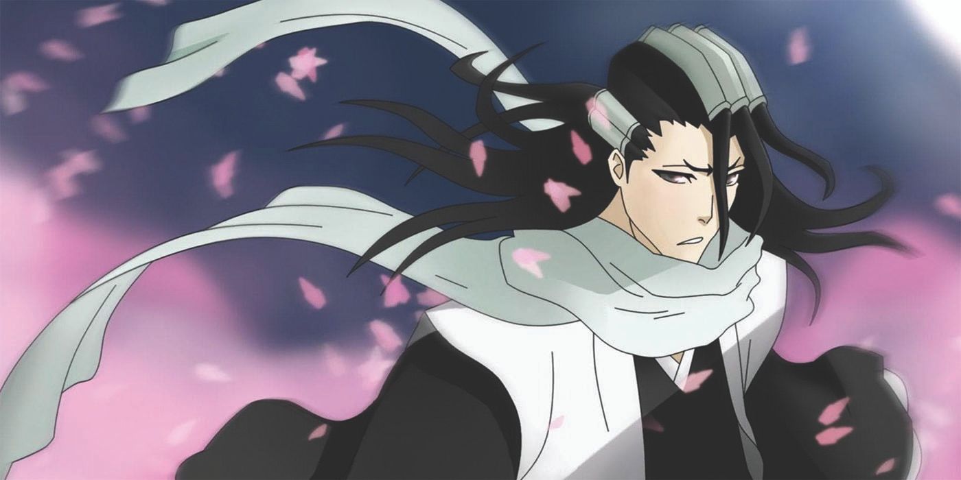 Byakuya with pink petals flying around him in Bleach.