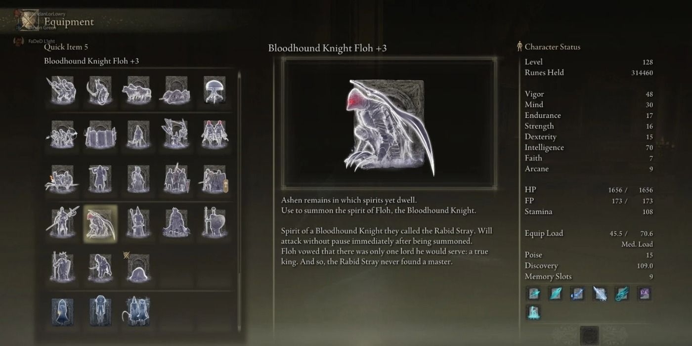 A screenshot of an inventory screen focused on the Bloodhound Knight Floh Spirit Summon in Elden Ring.