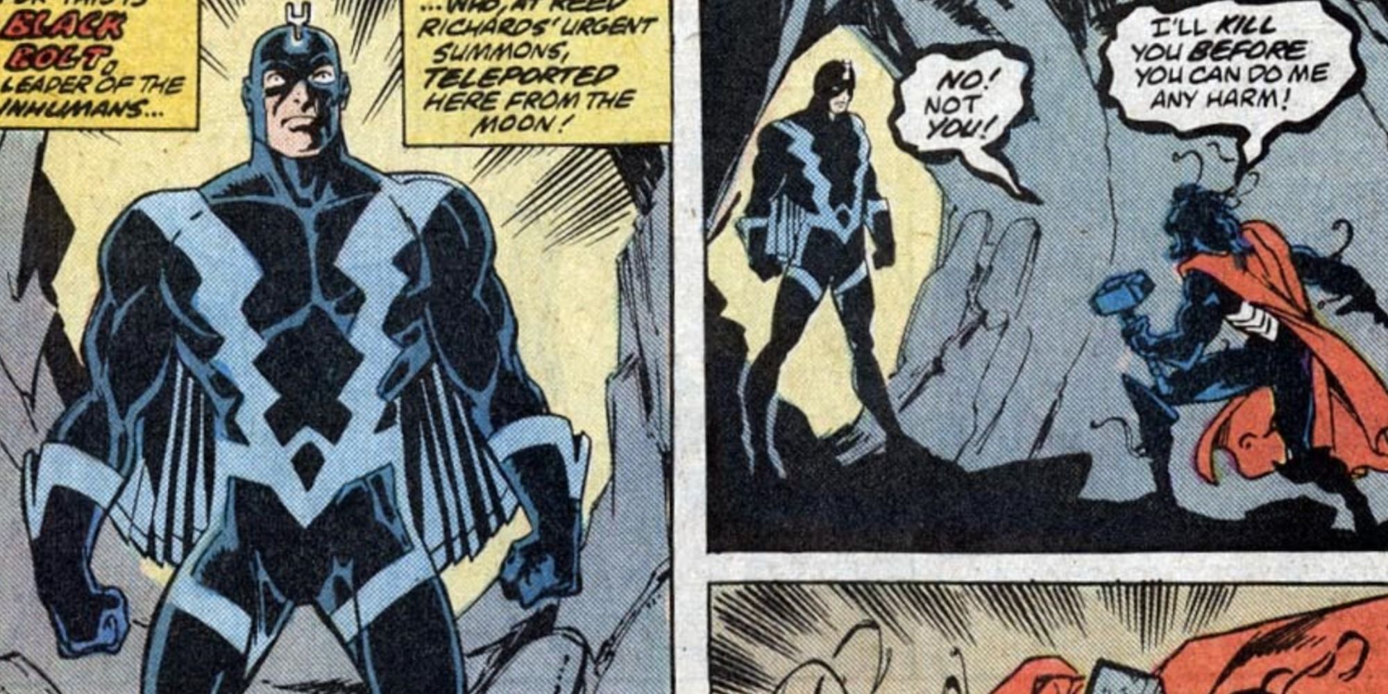 Black Bolt confronts Venom in Marvel Comics.