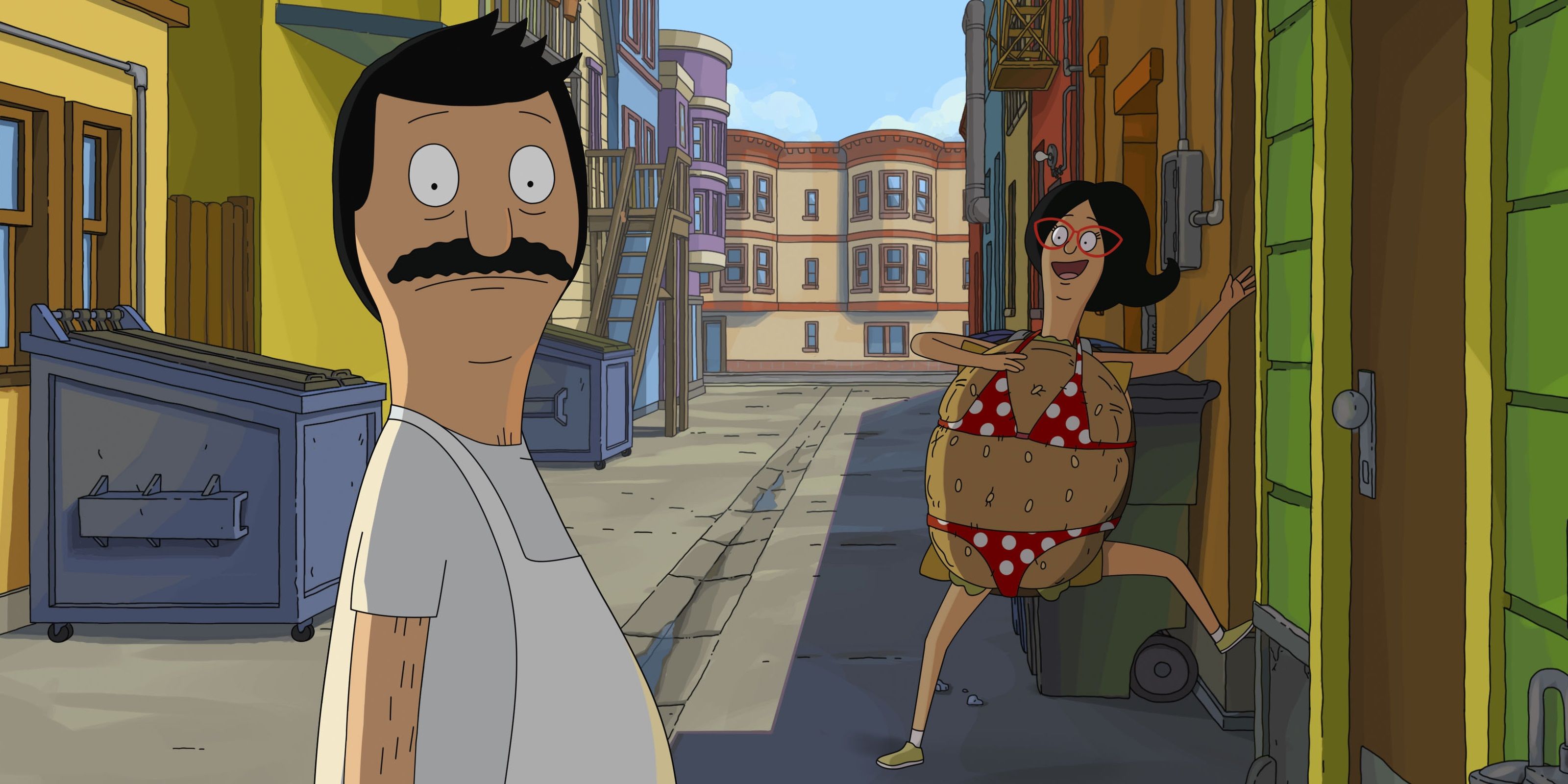 Bob and Linda standing in the alley in The Bobs Burgers Movie