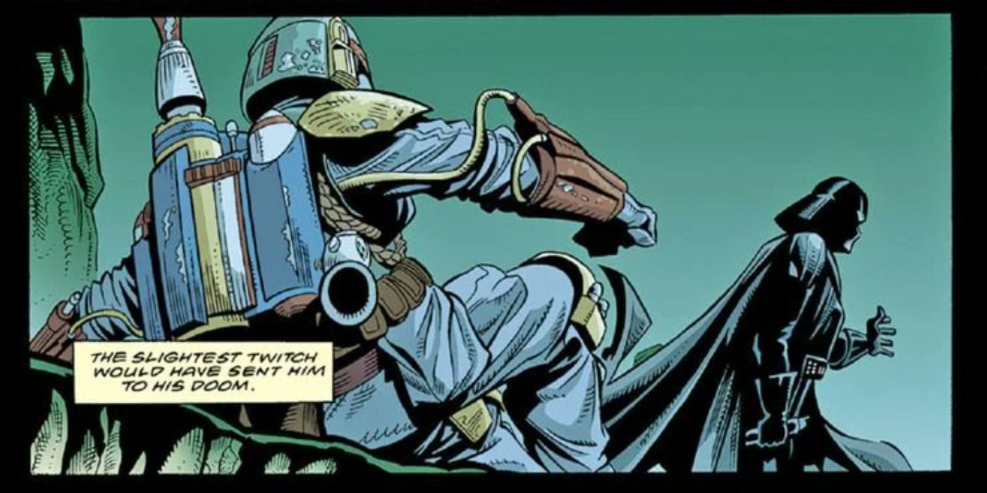 Boba Fett with his sights aimed at Darth Vader in Star Wars Tales.