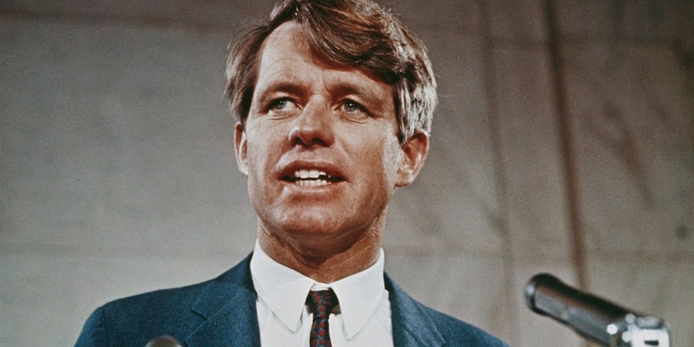 Bobby Kennedy talking to a mic.