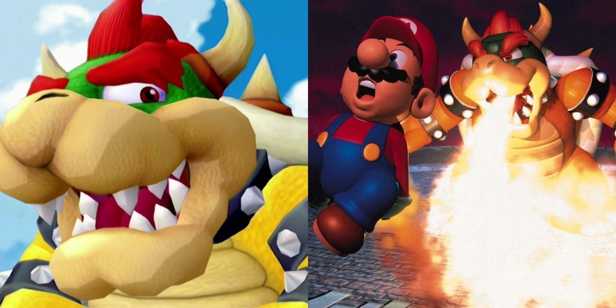 Bowser talks to his son in Mario Sunshine while another Bowser attacks Mario in Mario 64.
