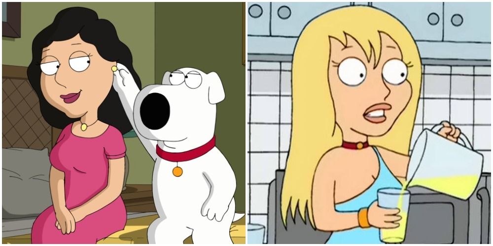 A split image of two women and Brian from Family Guy.