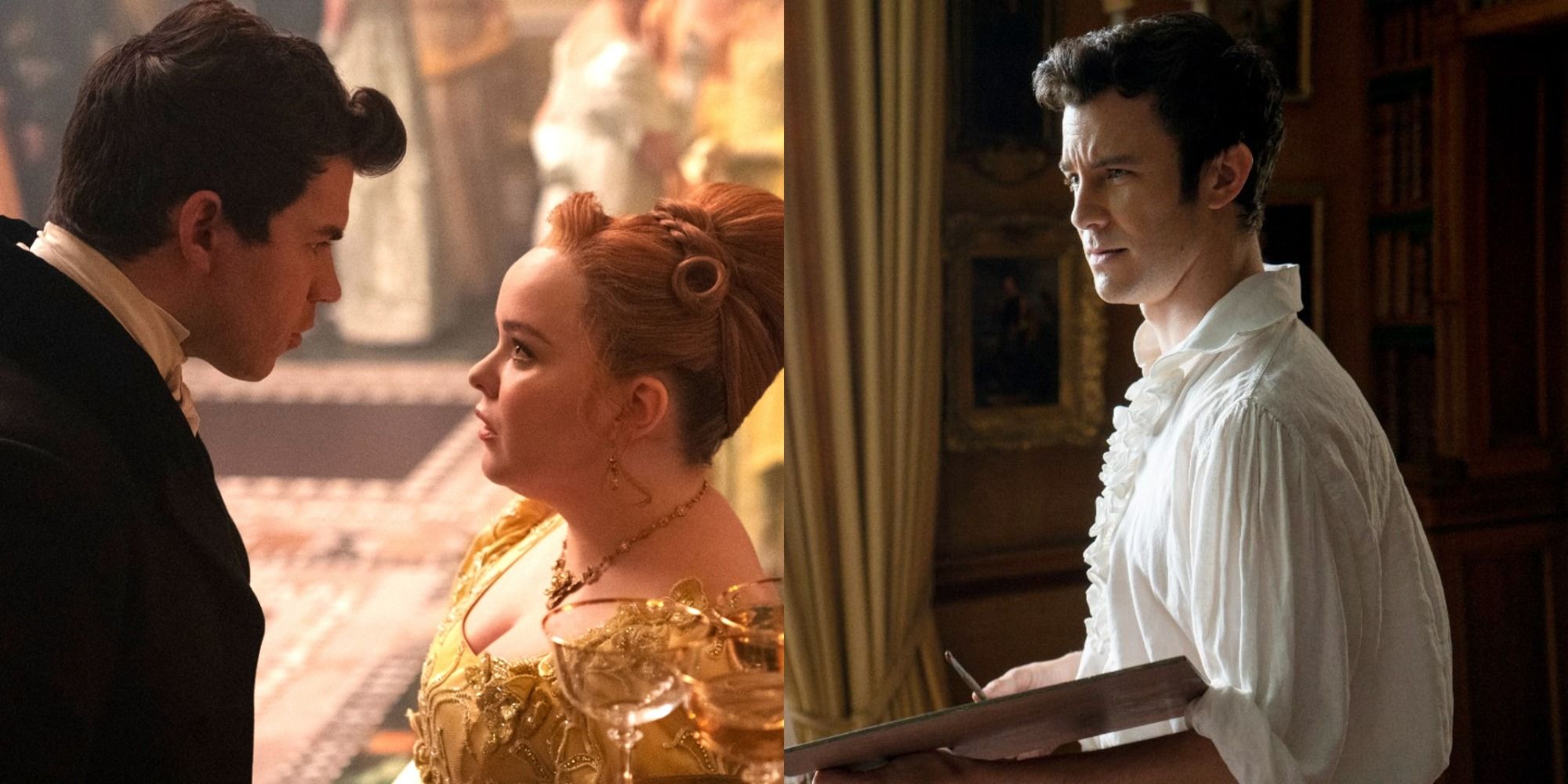 Split image showing Colin with Penelope and Benedict in Bridgerton.