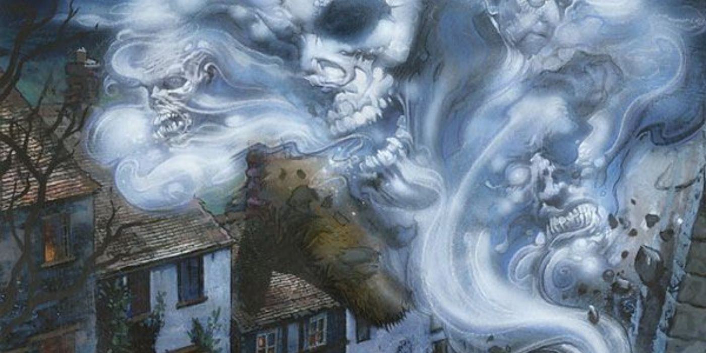 Smoke with a roaring face terrorizing a village.