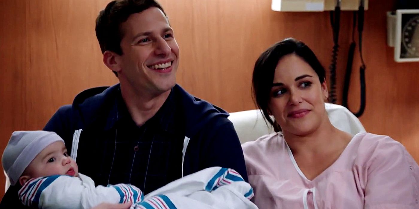 Jake e Amy com seu bebê em Brooklyn Nine-Nine