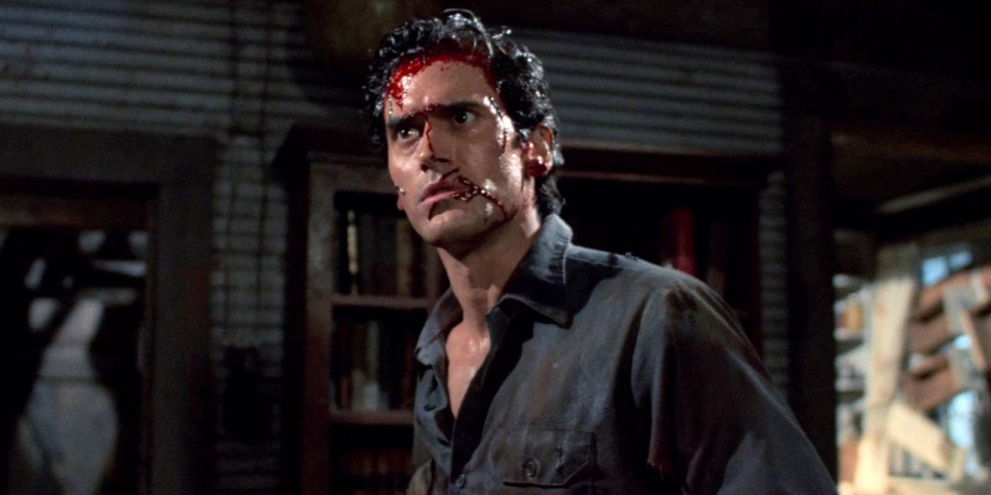 Bruce Campbell covered in blood in Evil Dead 2