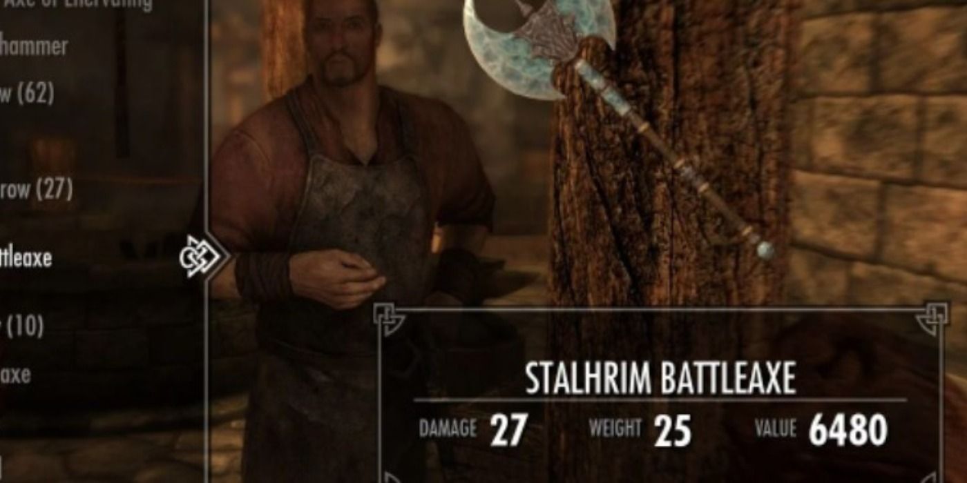 Purchasing weaponry from a blacksmith.