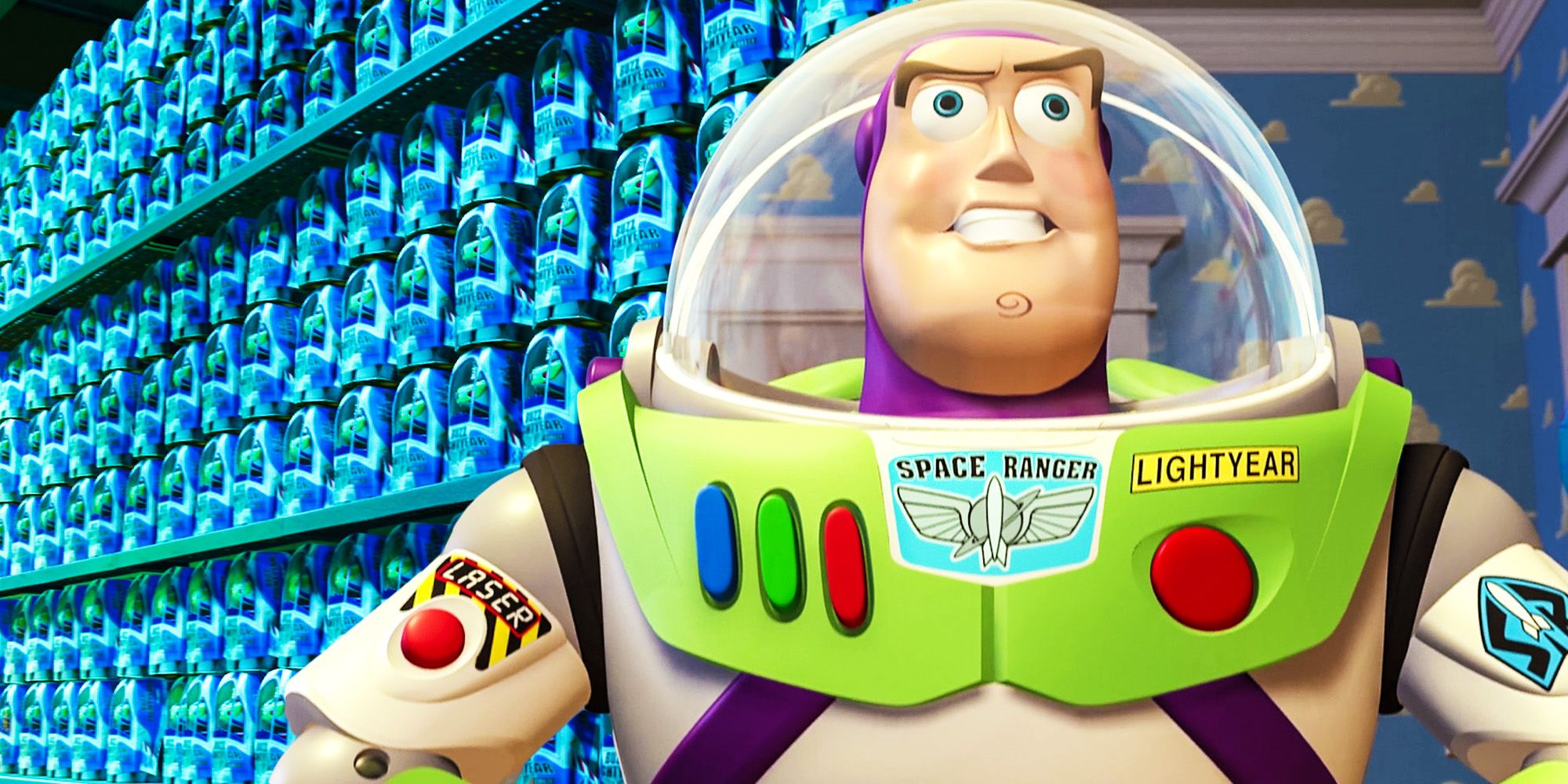 Buzz lightyear stands in front of the alien toys in Toy Story.
