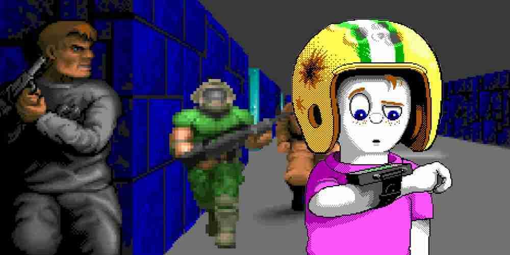 Commander Keen and Doomguy show up on the Wolfenstein title corridor next to a soldier.