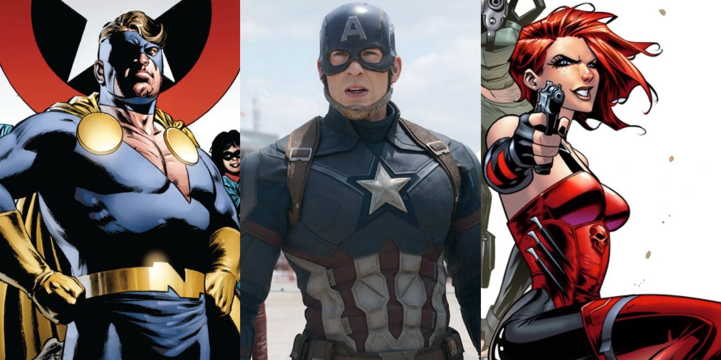 Split image of Captain America with comics characters
