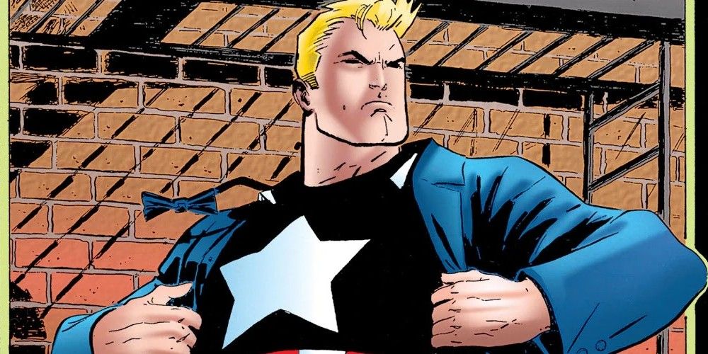Captain America opening his shirt to reveal his costume