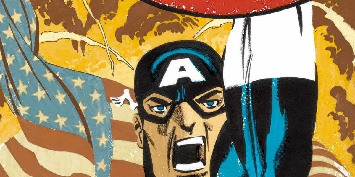 Capitão América levantando seu escudo e gritando nos quadrinhos da Marvel