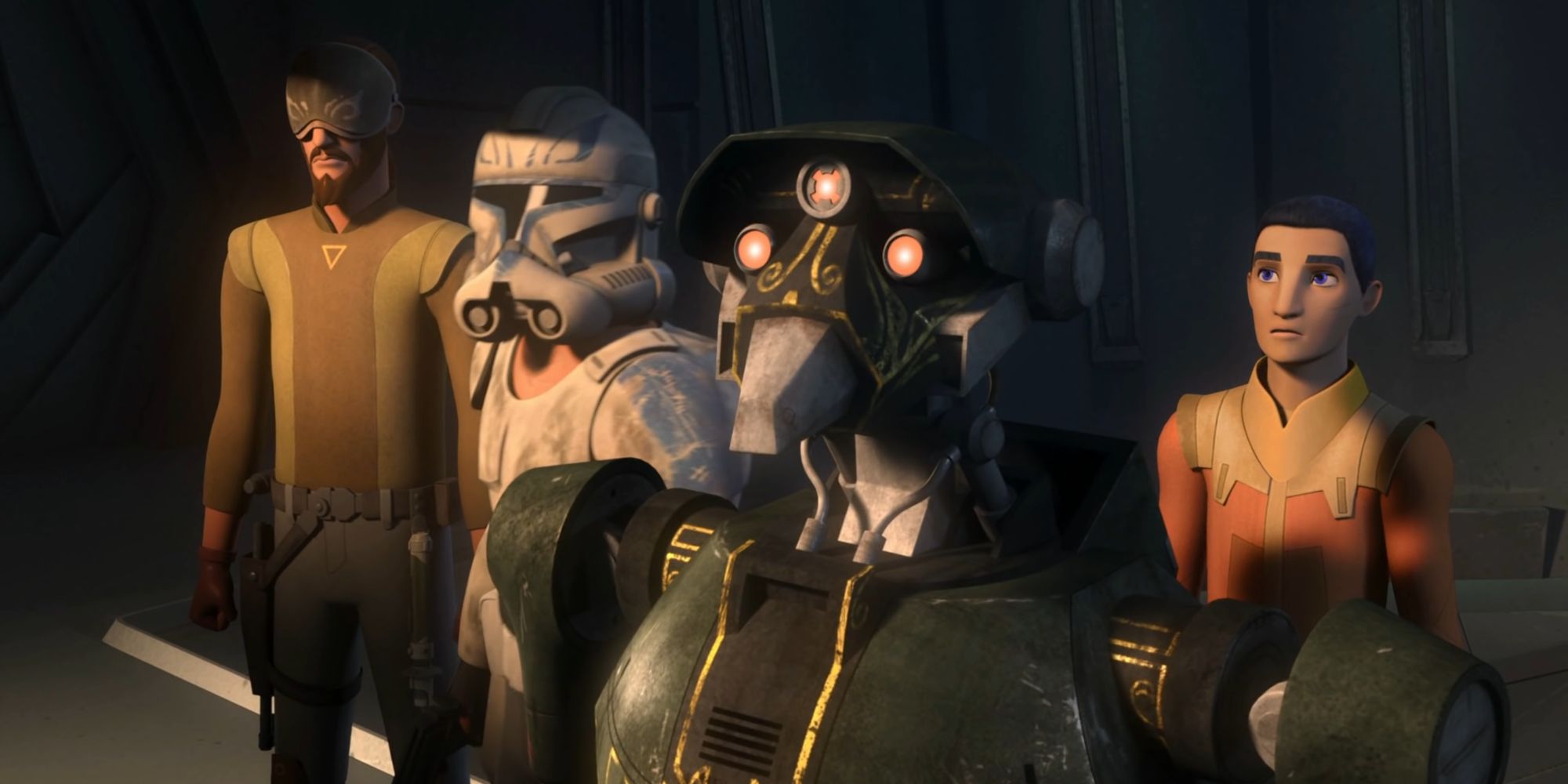 Captain Rex, General Kalani, Kanan Jarrus, and Ezra Bridger in a separatist control room in Star Wars Rebels
