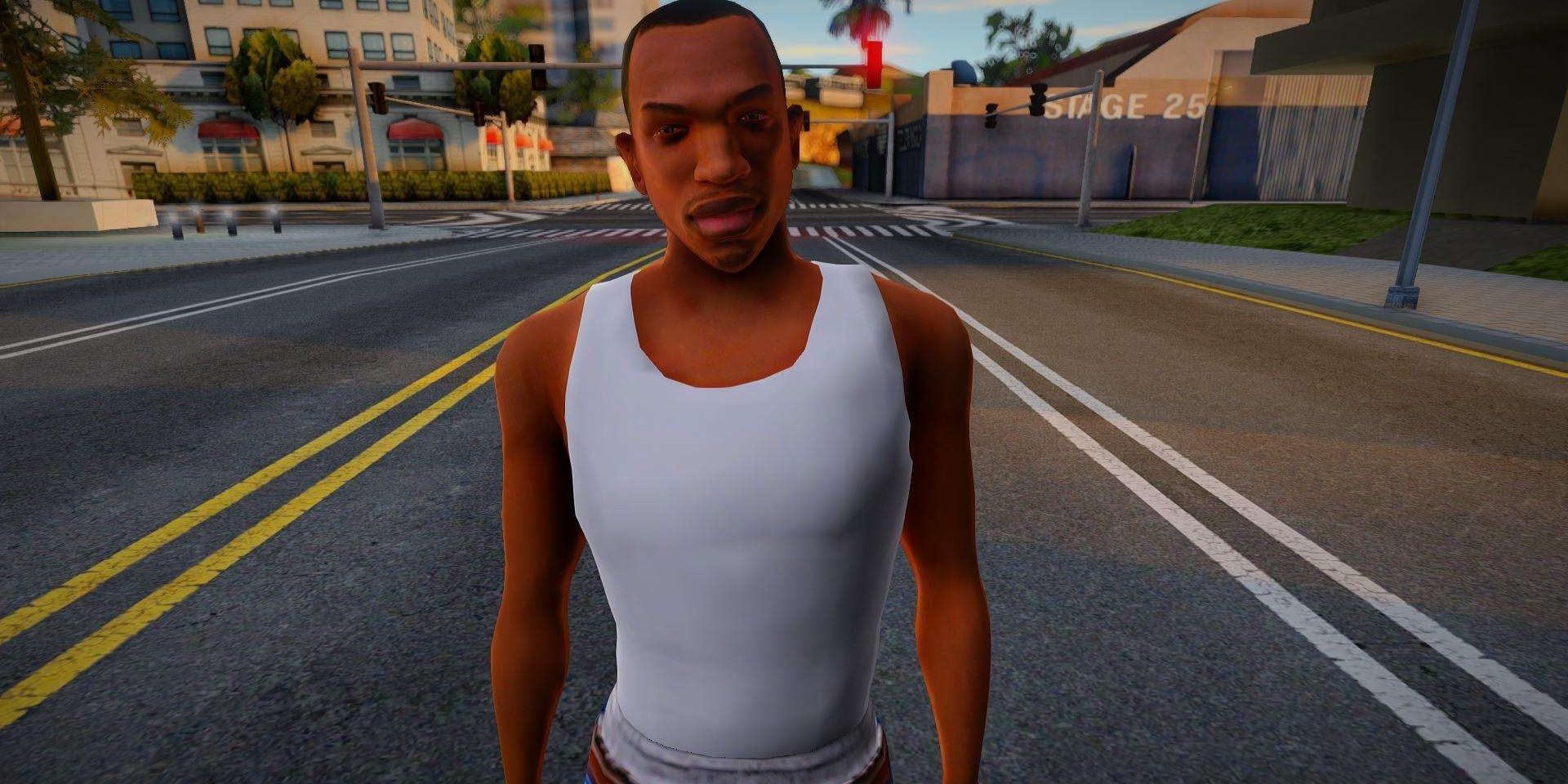 Carl Johnson standing on a street in GTA San Andreas