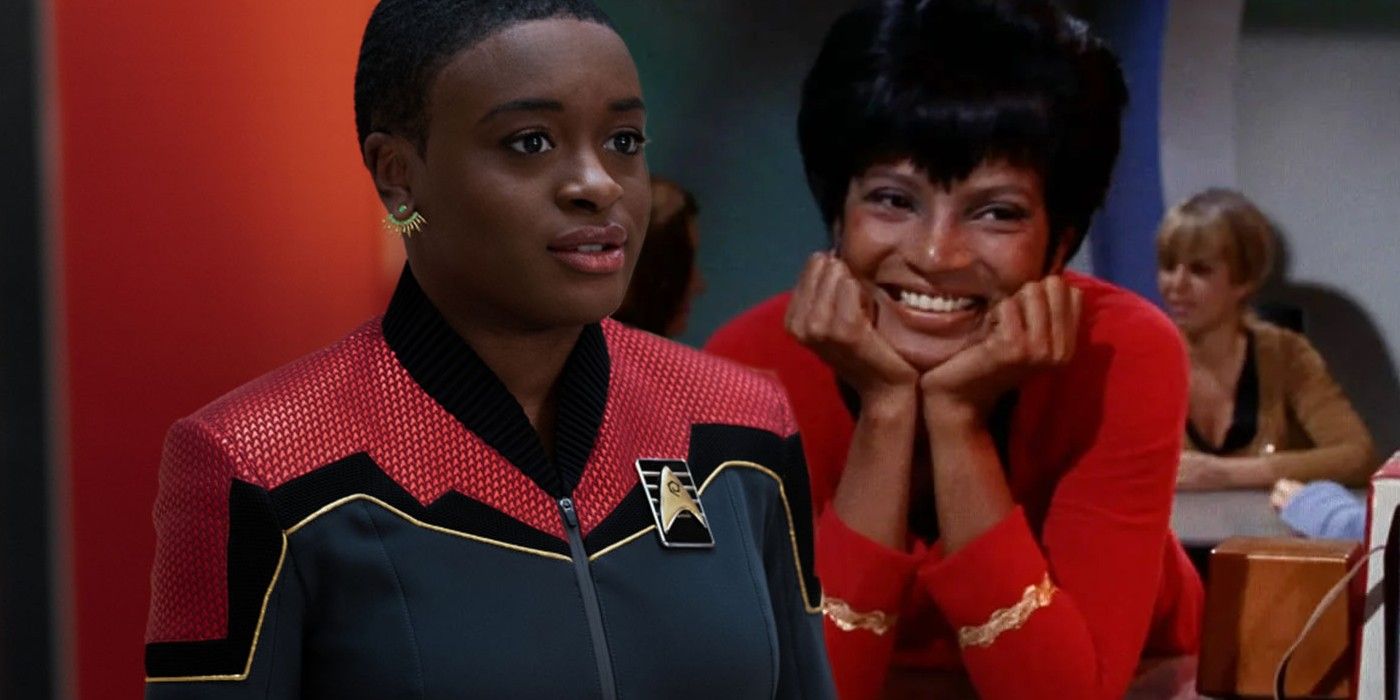 Celia Rose Gooding as Uhura in Star Trek Strange New Worlds and Nichelle Nichols as Uhura in Star Trek