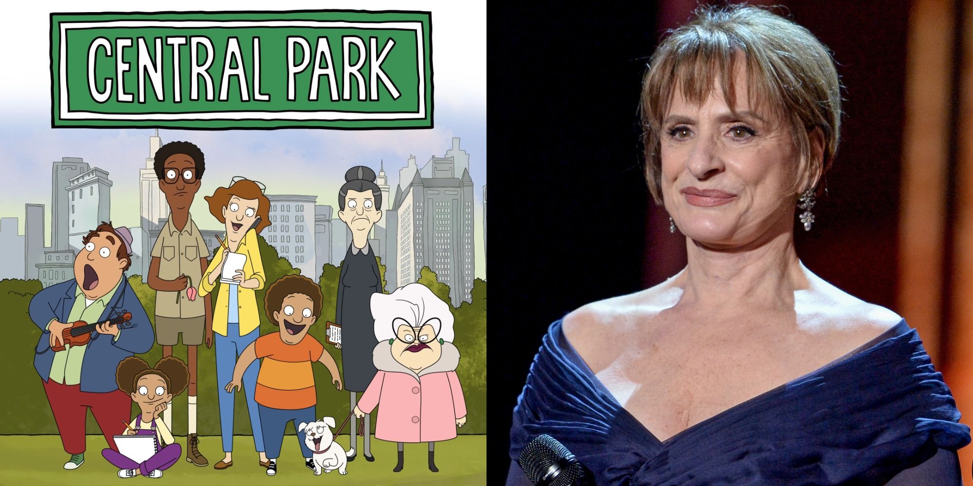 Split image showing characters from Central Park and Patti LuPone.